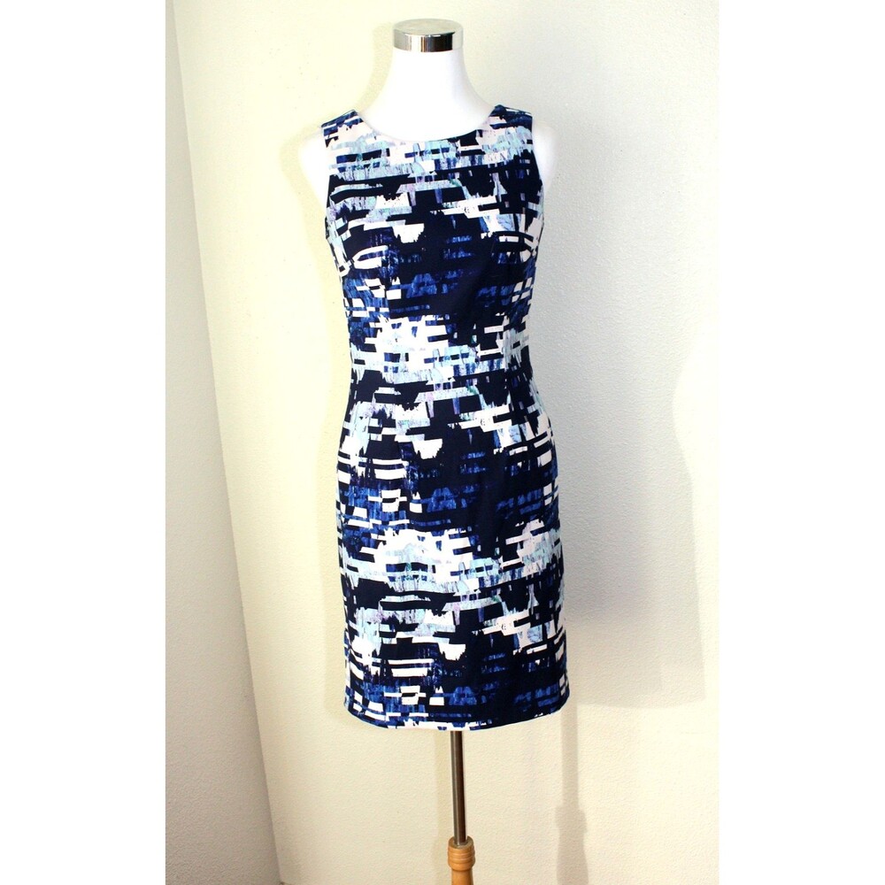 Minimalist MARIO SERRANI Mini Sheath Dress Sz. 2 Blue White Black Abstract #03
